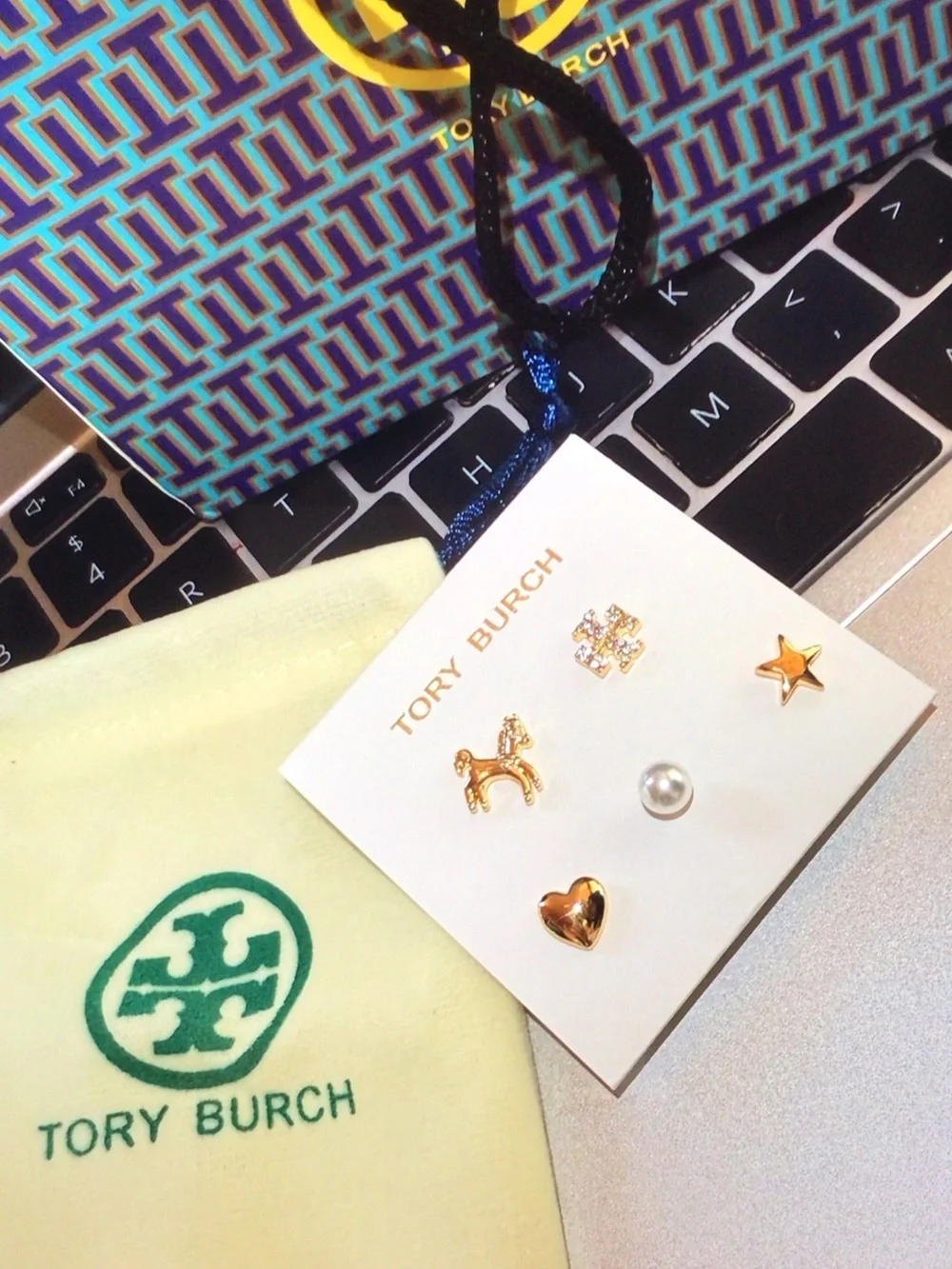 Tory Burch Girls Gold Tone Mixed Stud Earring Set with Pearl